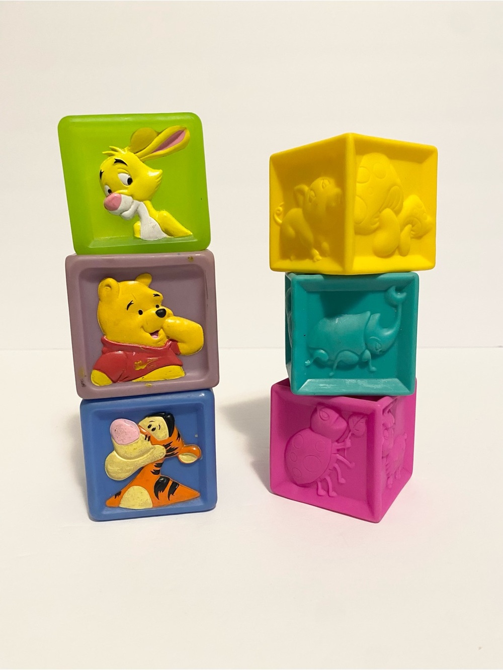 Vintage Winnie the Pooh Baby Blocks Rubber Stacking 1990s Tigger Rabbit Toy Lot